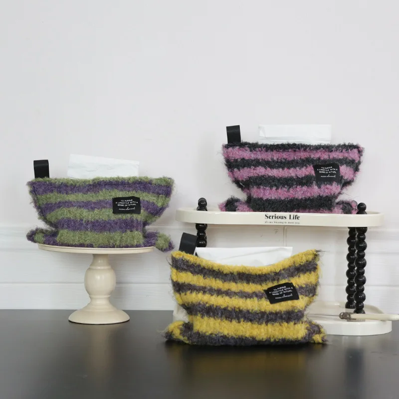 

Вязаный полосатый круглый бархатный пакет для салфеток, коробка для хранения, сумка для салфеток для гостиной, бумажный пакет на шнурке, коробка для салфеток для спальни, 1 шт.