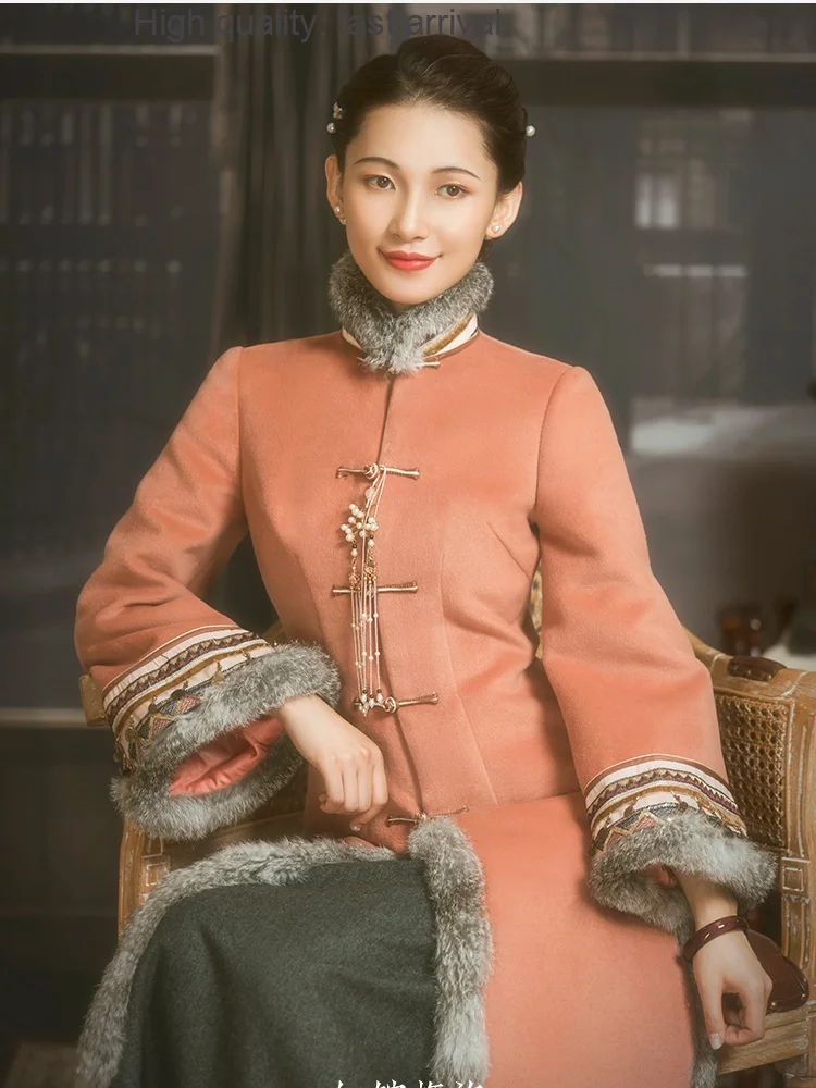 Woolen Winter Cheongsam Thickened High-End Custom Chinese Style Traditional Tang Suit Temperament Coat Smoke and Hong