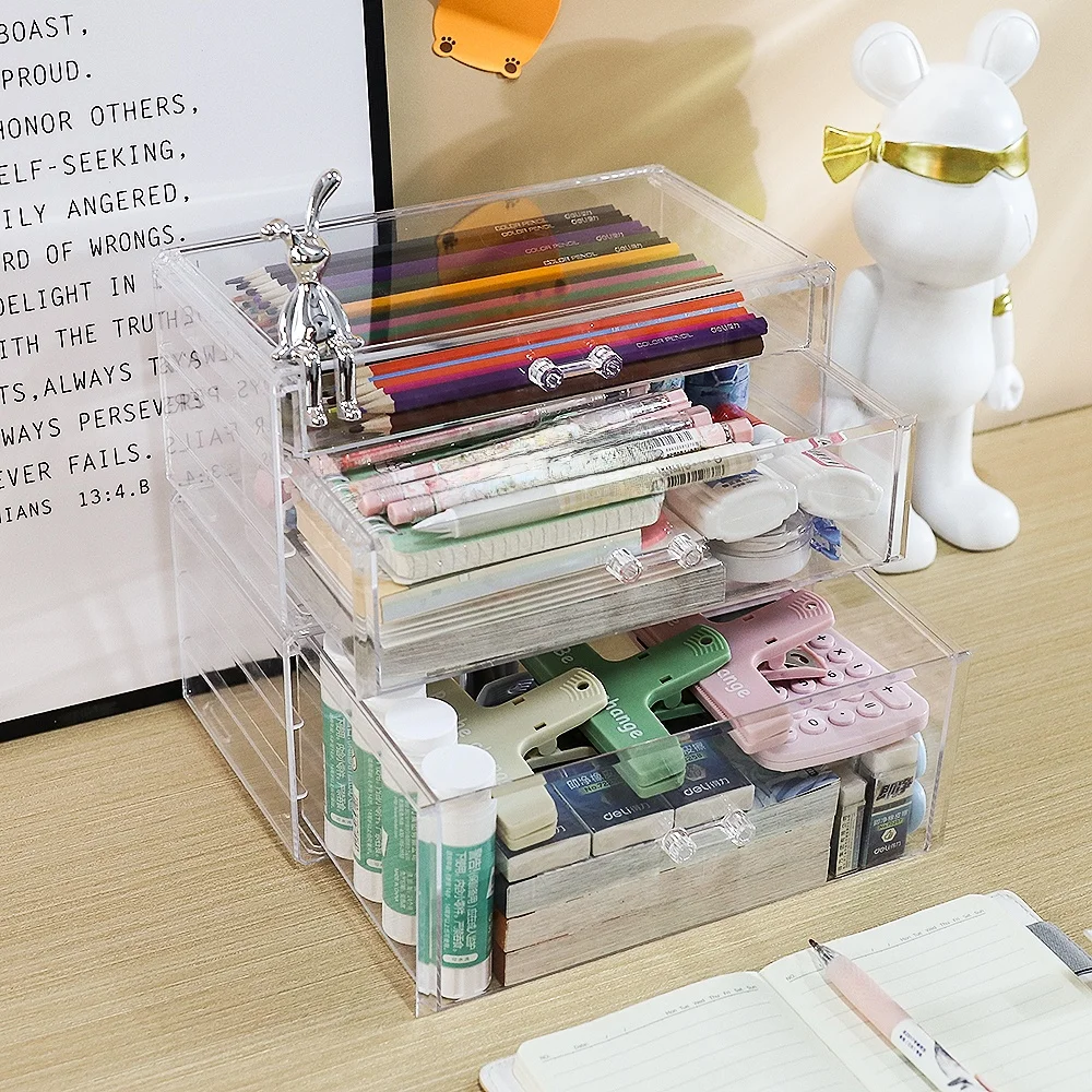 アクリルデスクトップ鉛筆ホルダー引き出し式ペン収納ボックス多層分類文具鉛筆オーガナイザーデスクアクセサリー