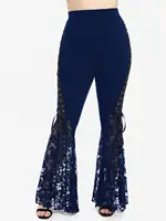 Plus Size Womens Pull On Flare Pants Gothic High Waist Overlength Lace Panel With Lace-up Pleated Trousers Skinny Pants - Image 2