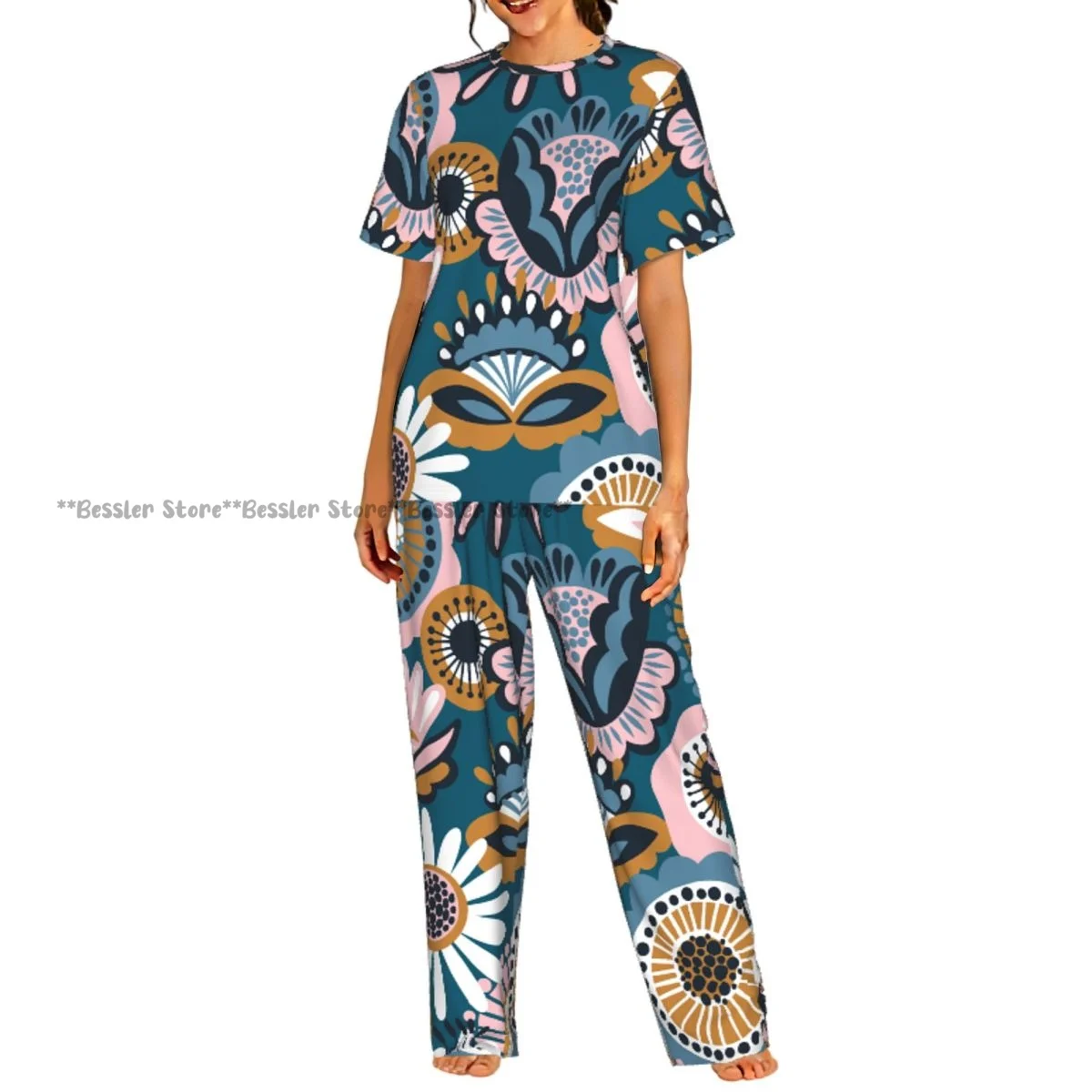 

Женская комфортная пижама с коротким рукавом и народным цветочным узором, комплект для сна