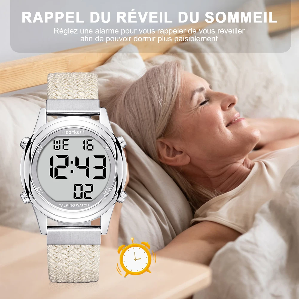 Montre parlante numérique Hearkent en français pour femmes aveugles/malvoyantes Montre-réveil parlant Montres-bracelets avec alarme et carillon à