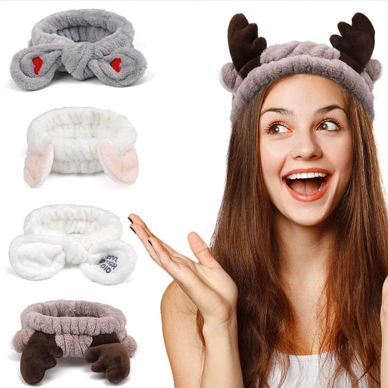 

Cute Bow Antler Ears Coral Fleece Soft Warm Headband For Women Girl Washing Face Makeup Bath Head Wrap Hairband Hair Accessories