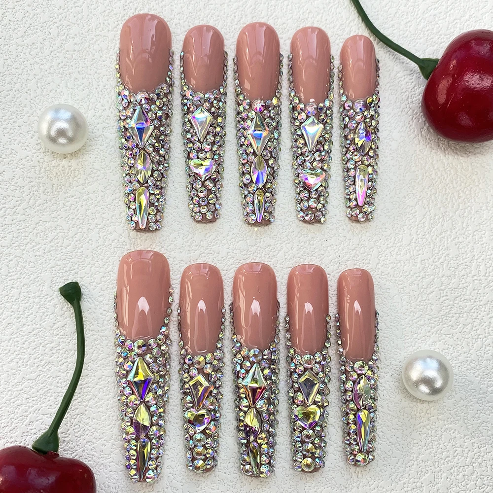 

10 шт. удлиненных накладных ногтей ручной работы для вечеринок и повседневного использования, с 3D стразами, великолепное украшение, 55 мм, акриловые искусственные ногти