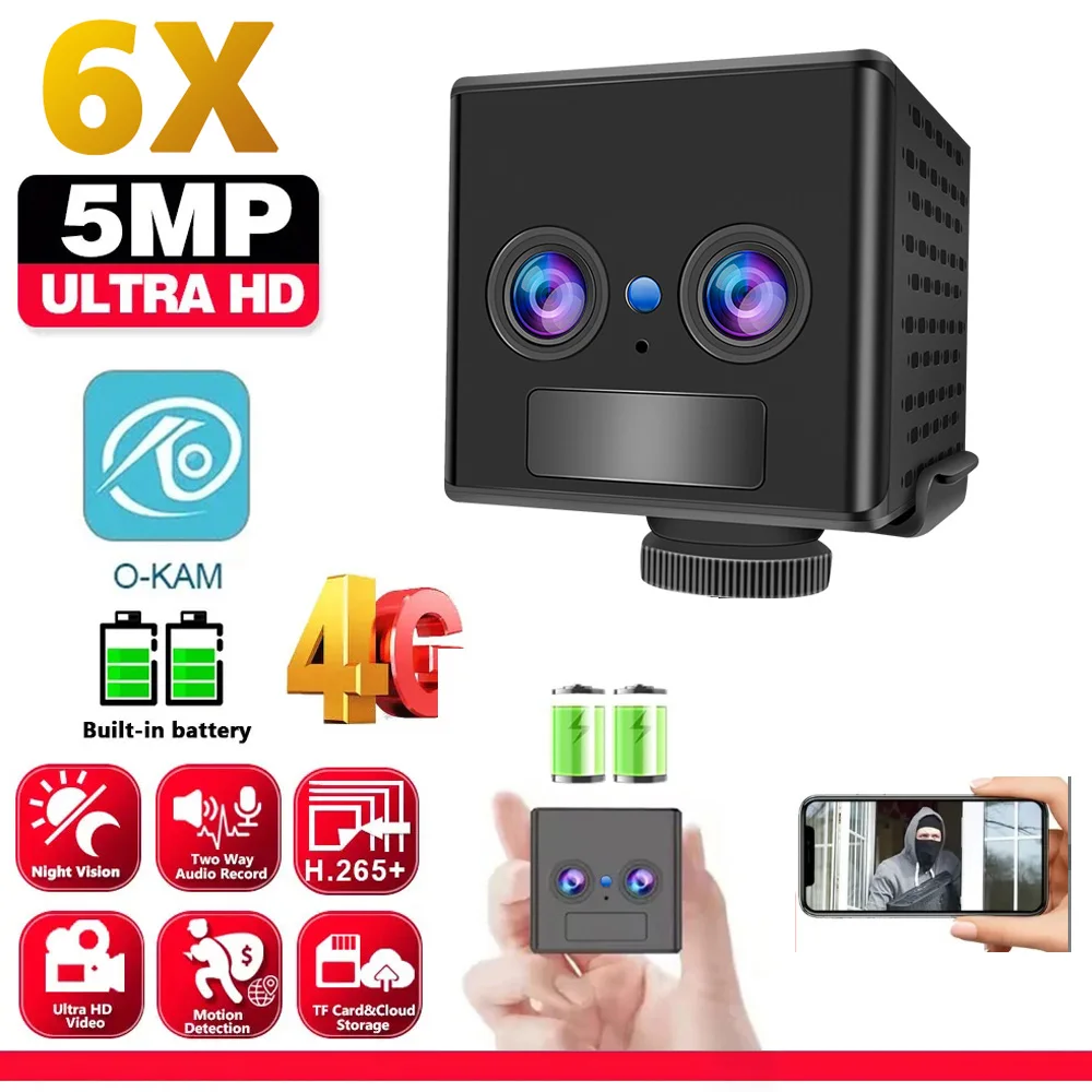 

HD 4K 5MP 4G SIM Card Mini Camera Dual Lens Cam PIR Human Detection Security Surveillance IP Camera Built-in 3000mAh Battery