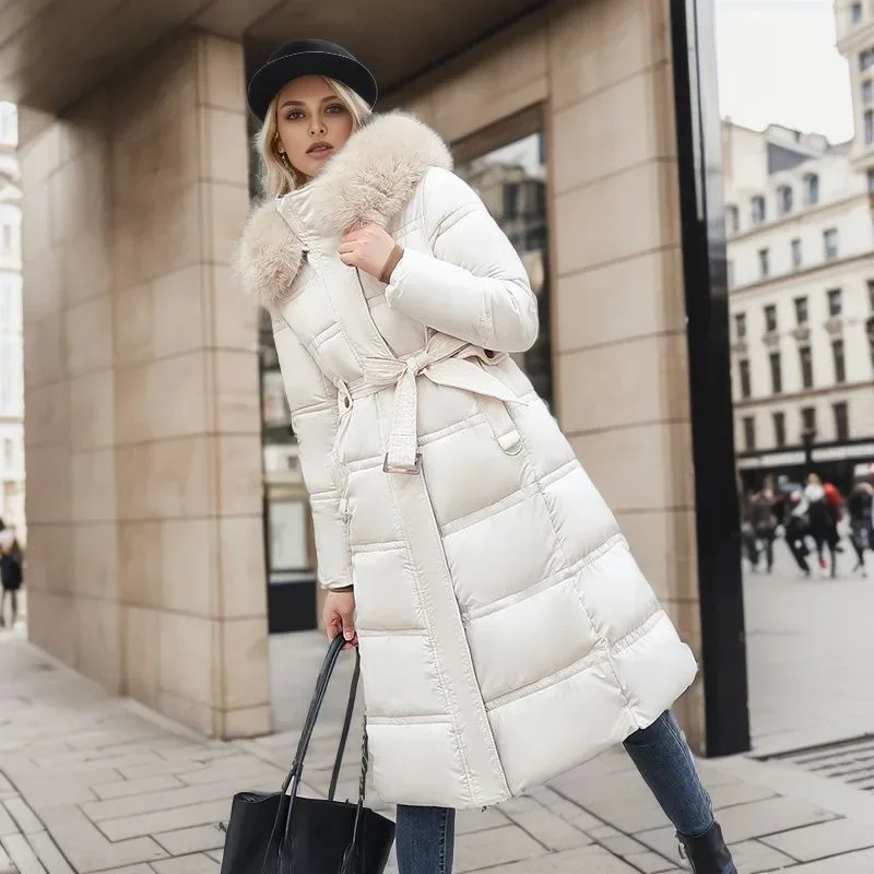 Cotton Coat Long Parka Coat Thick Jacket Women Fur Autumn Winter Warm Coats Woven Block Trend Hooded White Black Parkas