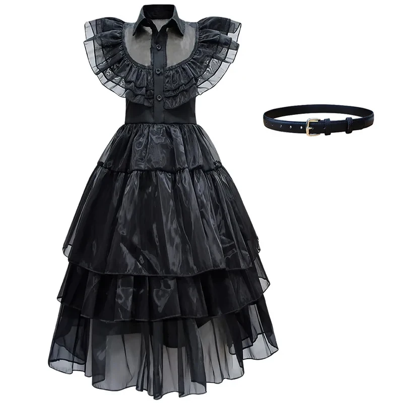 ❤ 2026 ★   Disfraz de cosplay de Merlina Addams para Halloween, vestido de tul gótico con capas y cinturón, traje elegante para carnaval. ❤