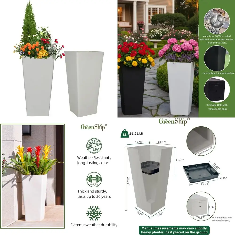 กระถางต้นไม้หินสีขาวขนาดใหญ่ ชุด 2 ใบ สูง 27 นิ้ว สำหรับปลูกต้นไม้ทั้งในร่มและกลางแจ้ง พร้อมระบบระบายน้ำและชั้นวางด้านใน