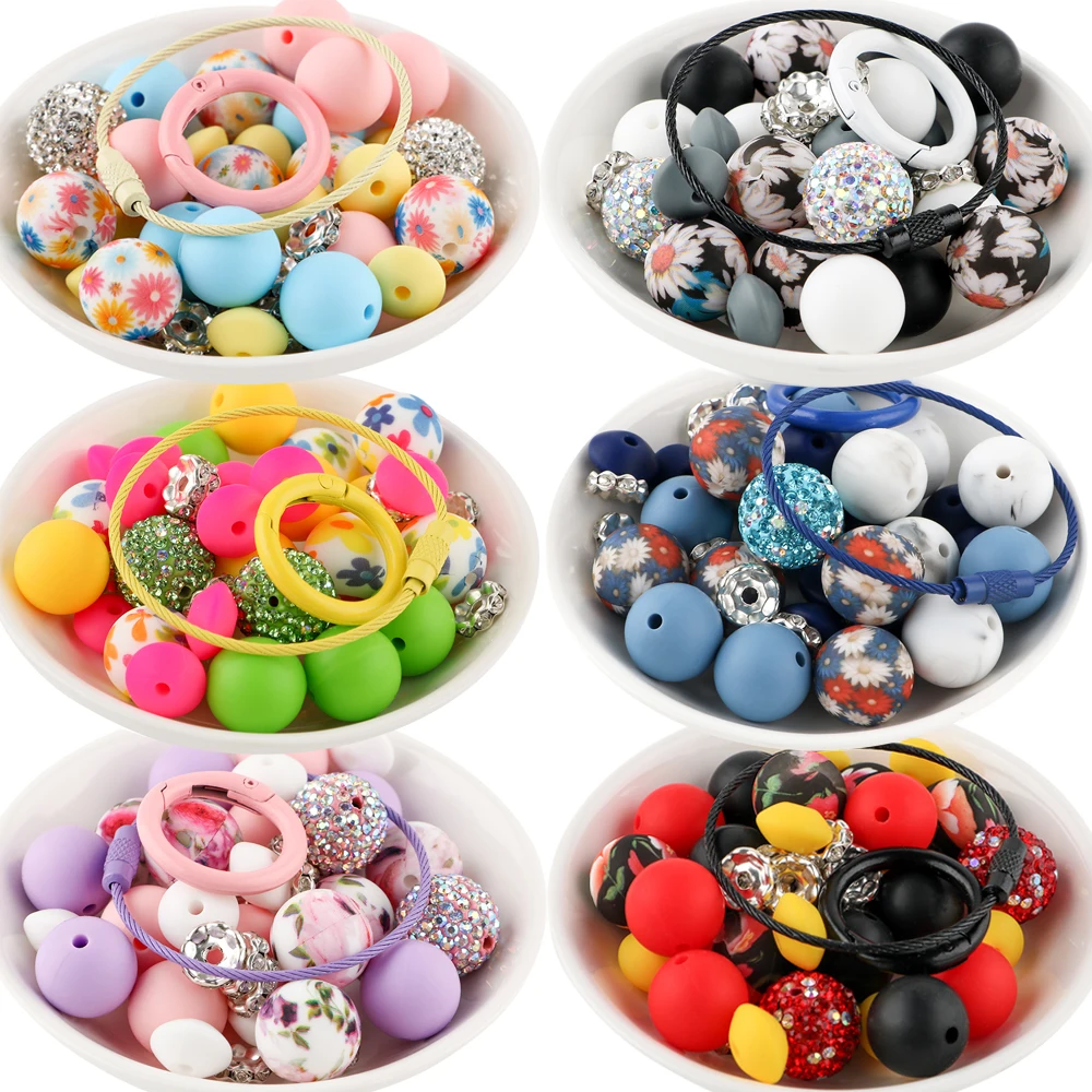 1Set Silicone Bright And Vibrant Flower Printing Beads Rhinestone Key Ring Combination For DIY Keychain Bracelet Accessories Etc