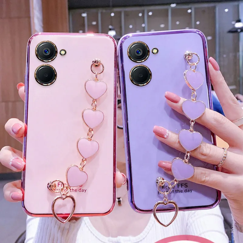 Wrist Bracelet Phone Case For Realme 10 Case Luxury Heart Chain Plating Cover Realme 10 4G C33 9i C30 Realme10 Case Silicone