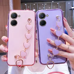 Wrist Bracelet Phone Case For Realme 10 Case Luxury Heart Chain Plating Cover Realme 10 4G C33 9i C30 Realme10 Case Silicone