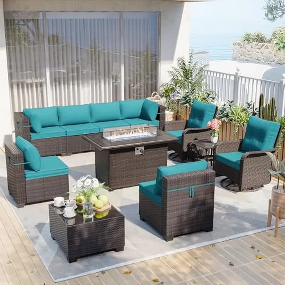 Outdoor Modular Patio Furniture Set with Swivel Chairs & 55000 BTU Fire Pit Comfortable Seating Garden & Porch Gatherings