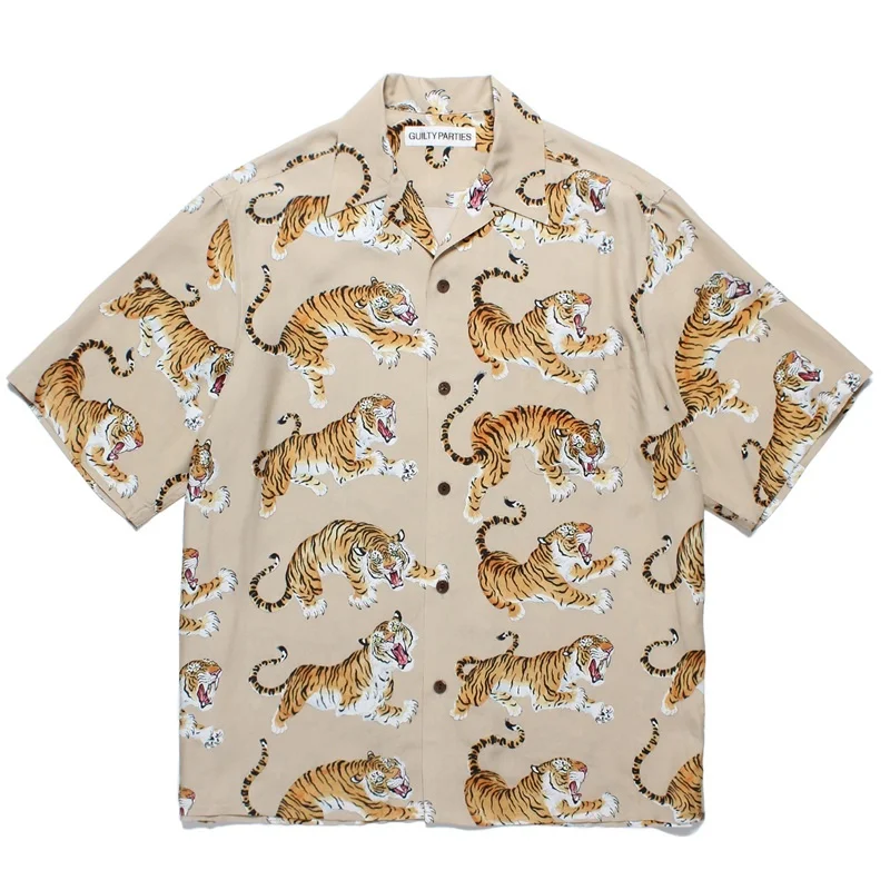 WACKO MARIA Street Tiger Full Print Cuban Neck Hawaii Beach Vacation Casual Style Short Sleeve Shirt Tops