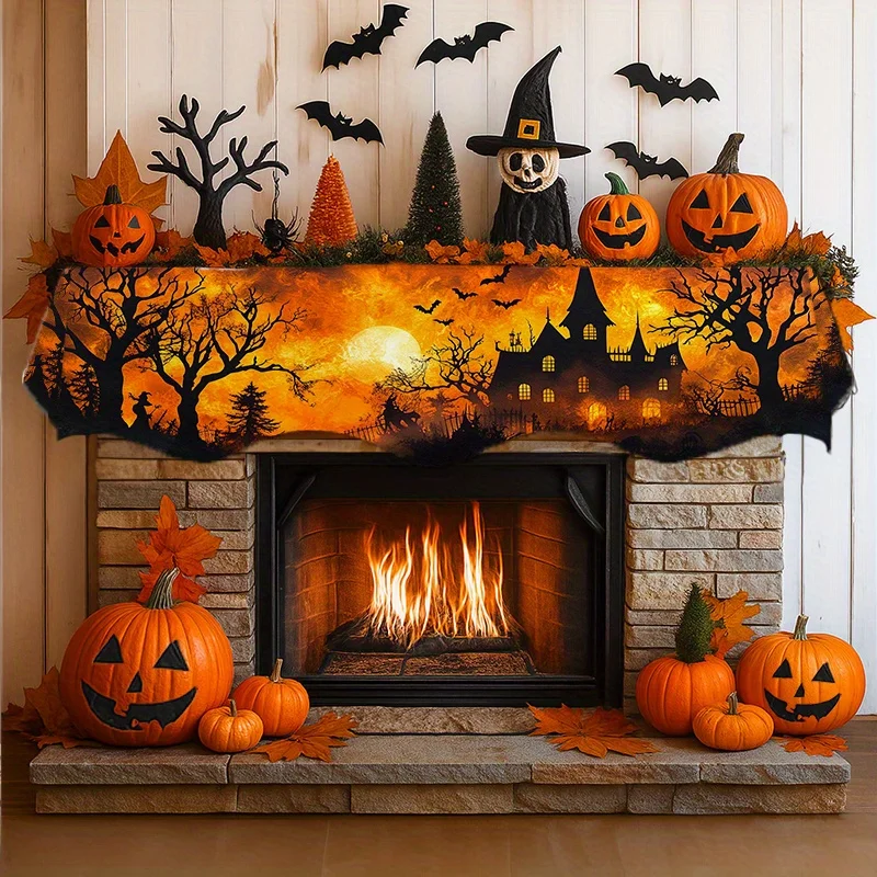 VIKAMA Halloween Fireplace Mantel Scarf Haunted House Bat Mantel Topper Spooky Fireplace Shelf Cover Fall Holiday Indoor Decor