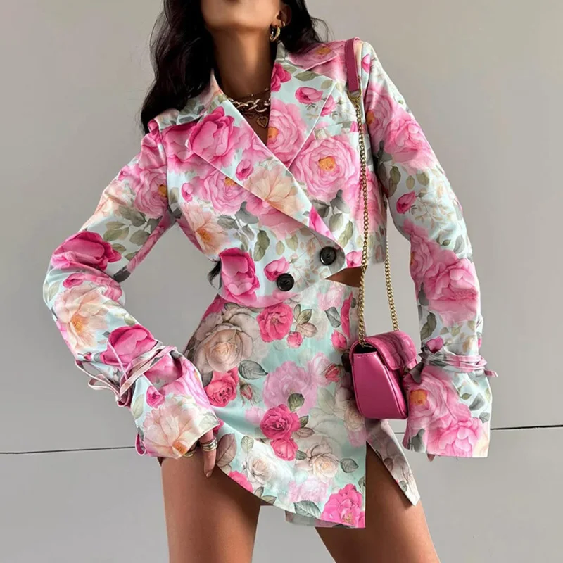 Tornova-Conjunto de falda estampada a la moda para mujer, cárdigan corto de manga larga con solapa, minifalda de cintura alta, conjunto de dos piezas elegante para ir al trabajo