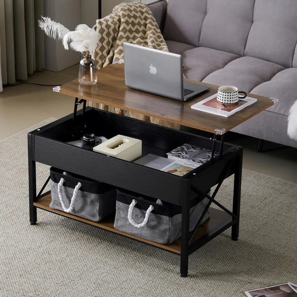 

36 Lift Top Coffee Table with Free Cloth Storage Bins, Rustic Framhouse Black Coffee Tables for Living Room, Small Modern