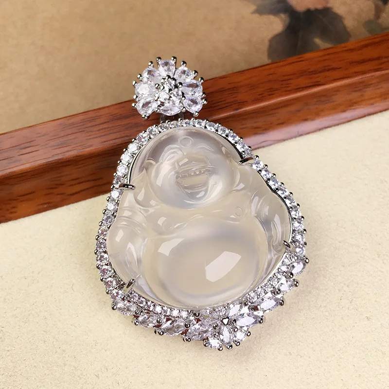 Natural high-ice agate inlaid Buddha Gong pendant, ice-transparent white chalcedony Maitreya Buddha pendant, women's  pendant