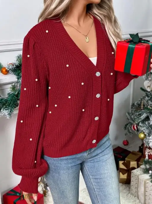 جو عيد الميلاد أزياء المرأة محبوك سترة سترة الخامس الرقبة لؤلؤة زر معدني بسيط سترة بأكمام طويلة #6