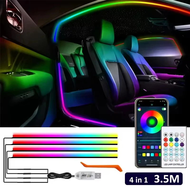 

4в1 Автомобильная дверная рама RGB Light String APP Control 3,5M Автомобильные струнные атмосферные огни RGB Изменение цвета Скрытая проводка Декоративные лампы