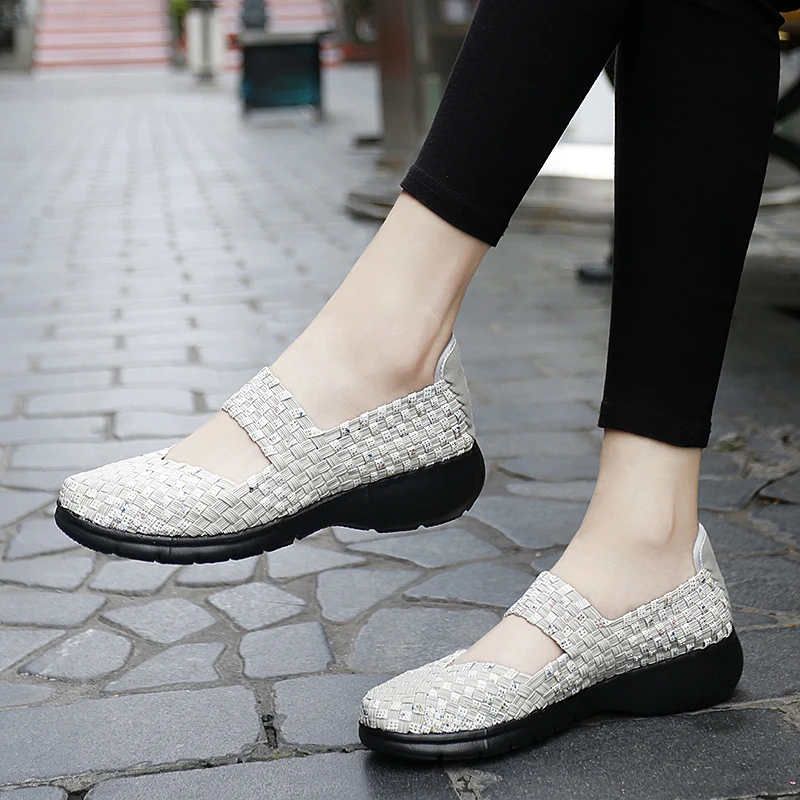 STRONGSHEN Summer Women Woven Shallow Shoes Lady Handmade Flats Sneakers Breathable Lightweight Women Slip On Casual Shoes