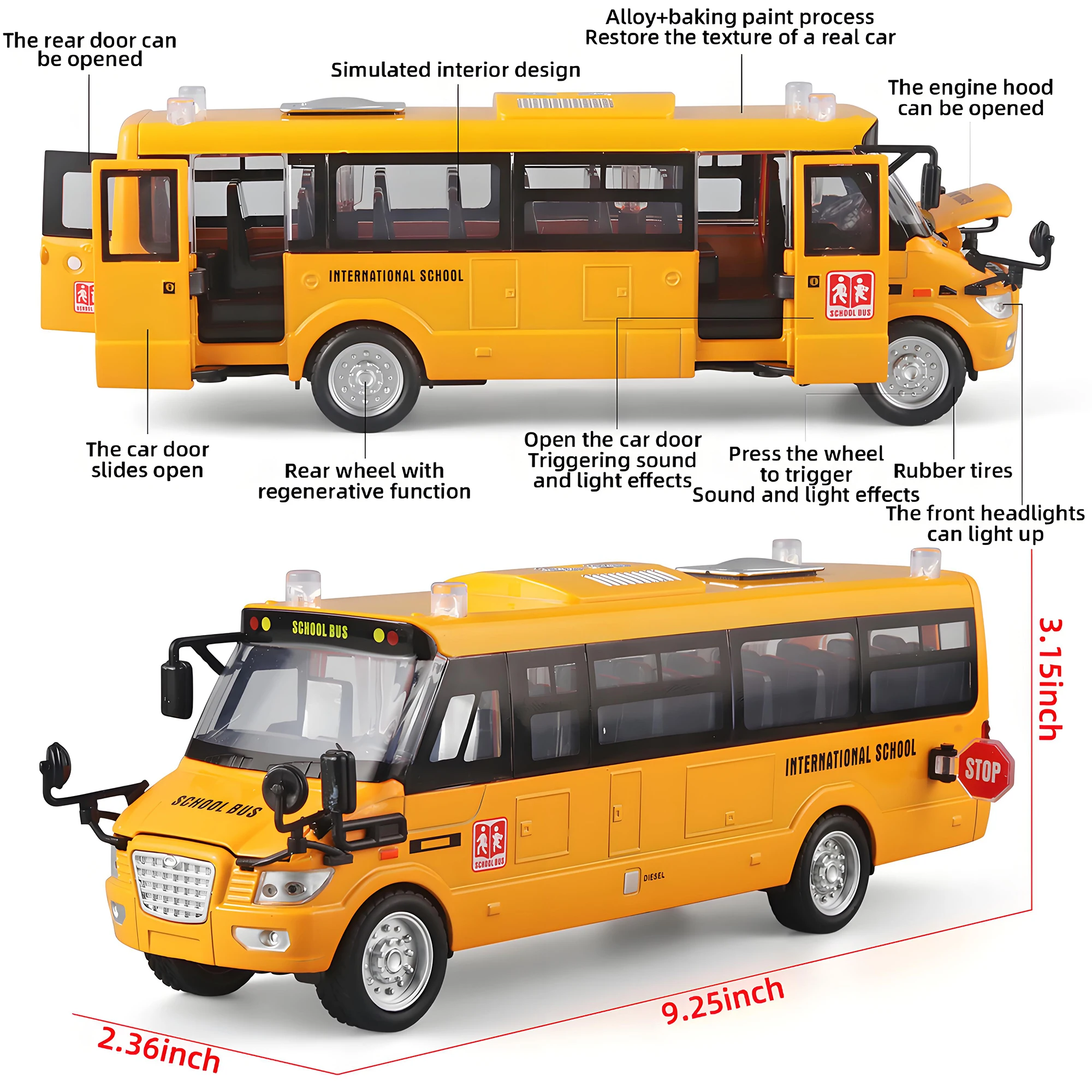 Modèle de bus scolaire jaune moulé sous pression en alliage - avec son simulé - lumières et portes ouvertes pour les tout-petits - jouets pour enfants âgés de 4 à 8 ans