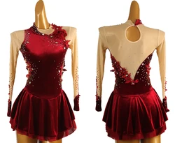 Vestito da pattinaggio artistico rosso donna ragazza vestito da pattinaggio su ghiaccio Costume da ginnastica strass di cristallo personalizzato b246