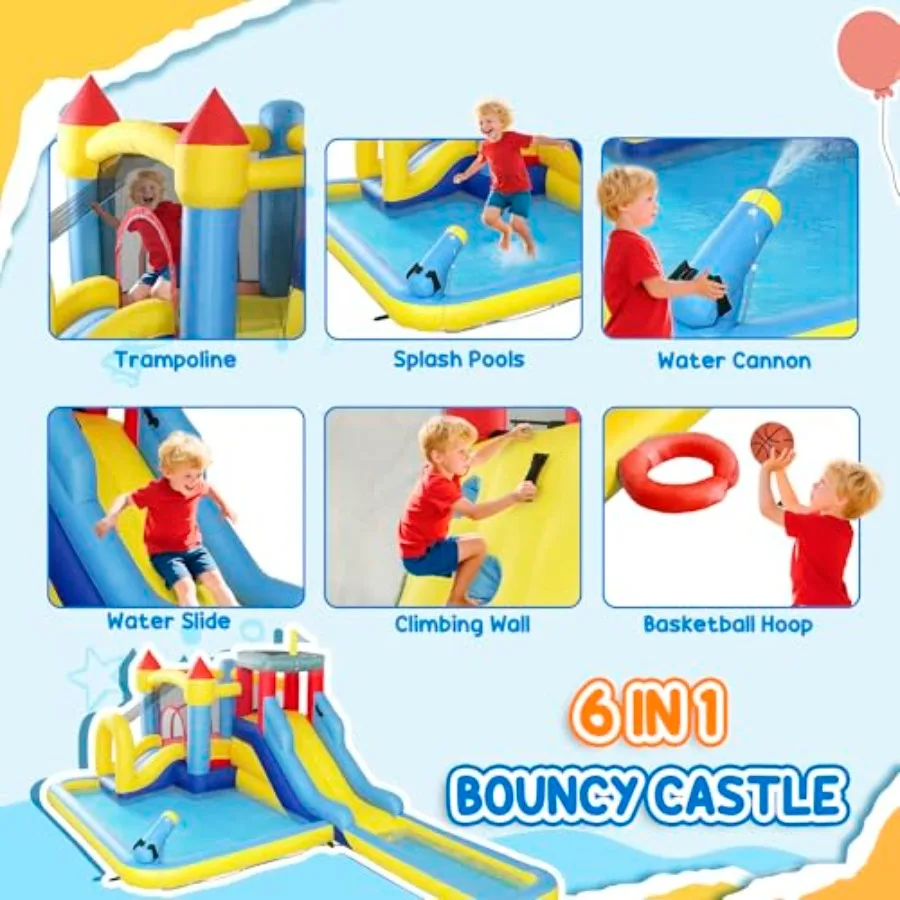 Opblaasbare waterglijbaan, Kids Bounce House Park 6 in 1 met 550 W blazer, splash-zwembaden, 2 glijbanen, trampoline, klimmuur, blik