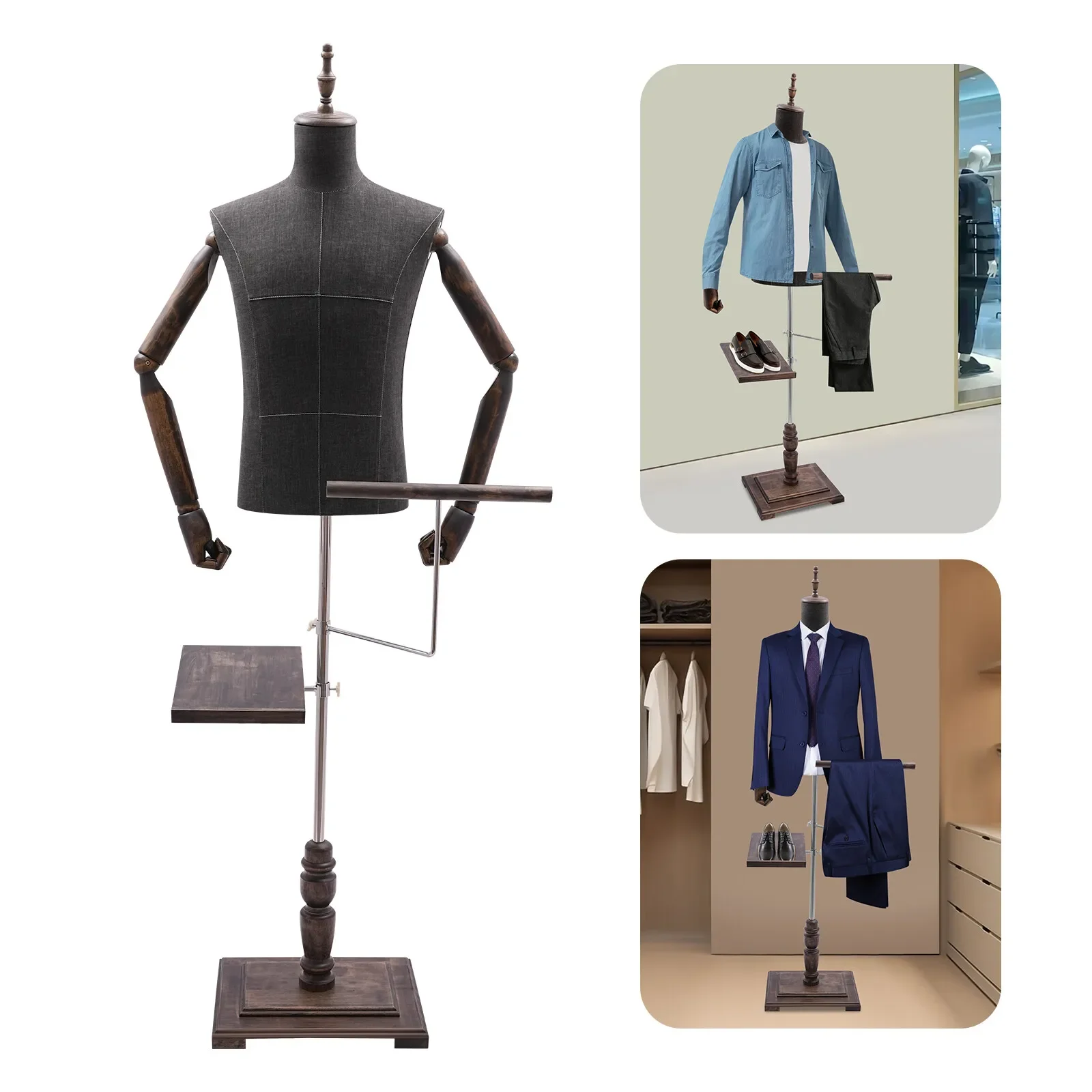 Male Mannequin with Arms, Pants Rack & Shoe Stand Linen-Covered Dress Form on Wood/Base for Clothing Stores Tailors & Display