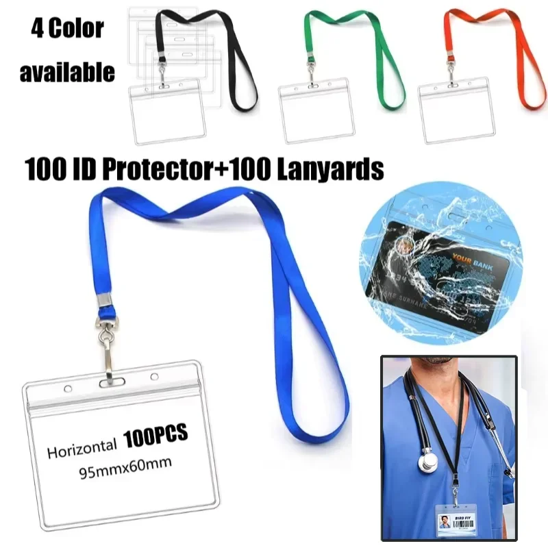 100P Horizontal Name Tag Badge Waterproof ID Protector Lanyard with ID Holder Durable Clear Plastic Case for ID Protect&storage