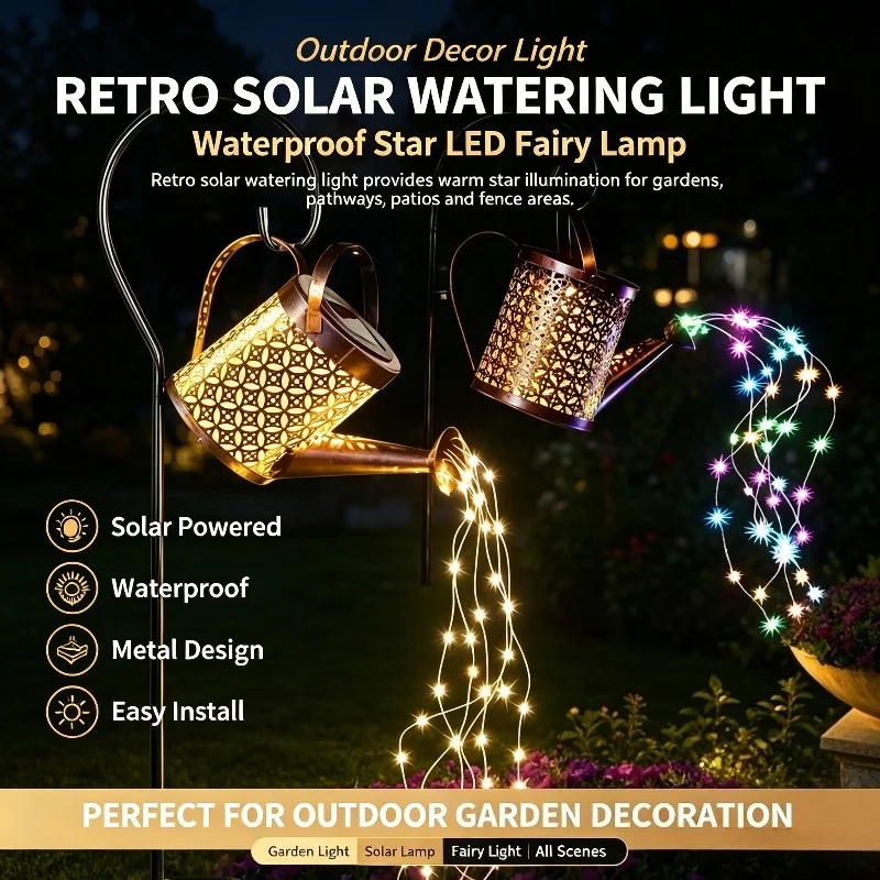 Retro Solar Garden Lamp, Metal Watering Can Lantern with Cascading Starry Fairy Lights for Yard Hooks, Lawns and Courtyard Decor