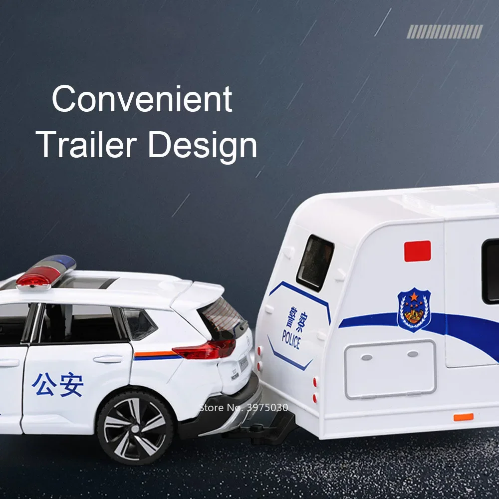 1:32 X-TRAIL Police Cars Models Toys Doors Opened Trailing RV with Light Sound Wheel Pull Back SWAT Motor Home Child Adult Gifts