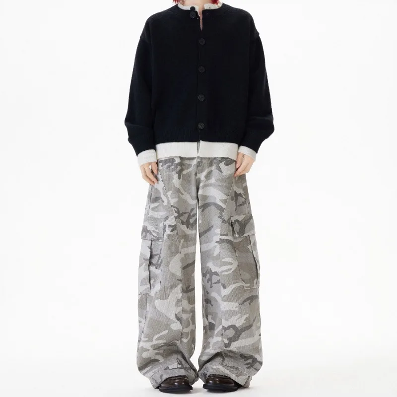 Luipaardprintbroek Dames Herfst Nieuwe High Street Design Losse dunne rechte wijde broek Retro grote zak Scimitar Jeans