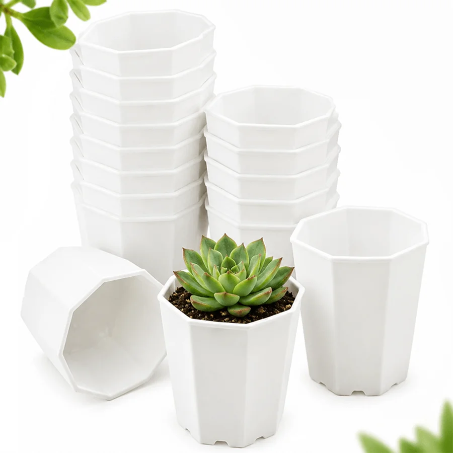 8/12/27pcs Octagon Mini Plant Pots Lightweight White Plastic Planters for Succulent Cactus Window Sill Office Table Display XJM