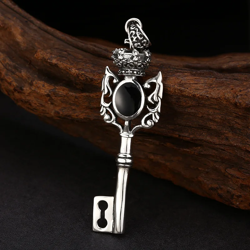 S925 Sterling Silver Keys Pendant Black Color Old Process Cross Crown Drop Oil Unisex Fine Jewelry FYNE440
