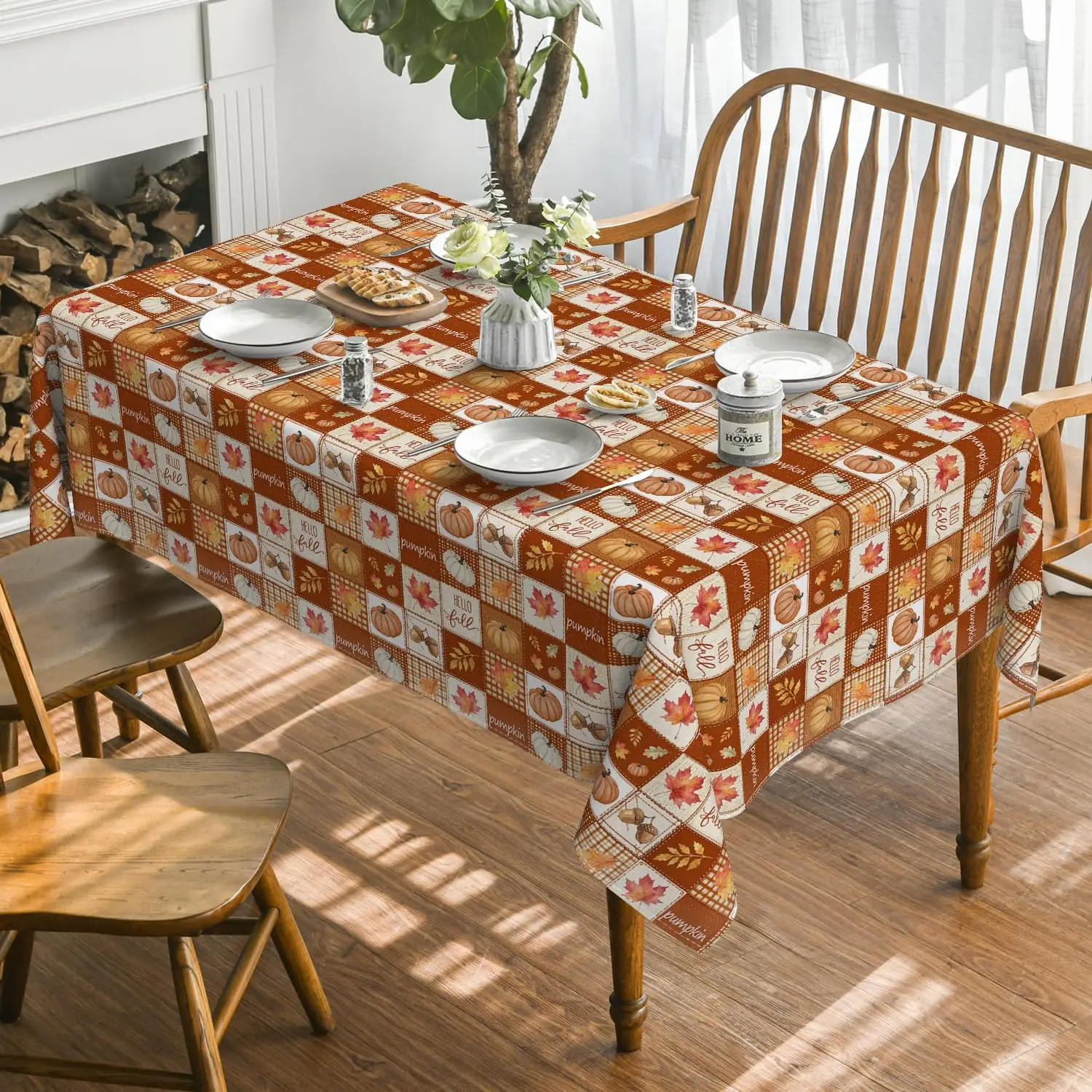 Autumn Thanksgiving Plaid Rectangle Tablecloth for Table Decor Fall Maple Leaf Pumpkins Kitchen Dining Table Cloth Autumn Decor
