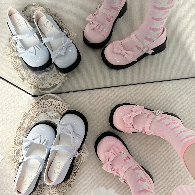 

Japanese Original Sweet Cute Lolita Bow Single Shoes Soft Girl Round Head Mary Jane Pumps Bow Middle Heel Lo Shoes for Women