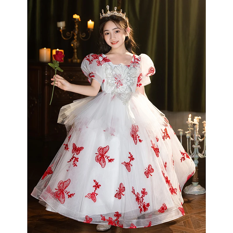 Girls' white square neck puff sleeve floor length butterfly embroidered mesh bridesmaid dress