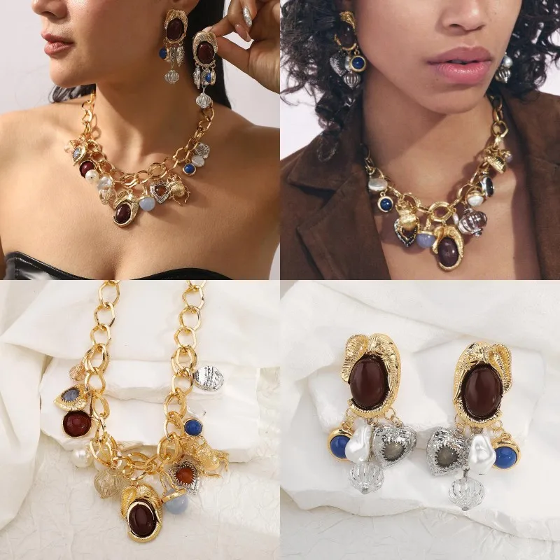 Retro Luxuriou Halskette Ohrringe Set Bohemian Harz Edelstein Perlen Schmuck für Frauen Party Geschenk