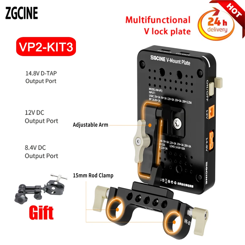 ZGCINE VP2-KIT3 V MOUNT Plate PD 14.8V With 15MM Rod Clamp Standard V Battery V-Lock Plate Adapter