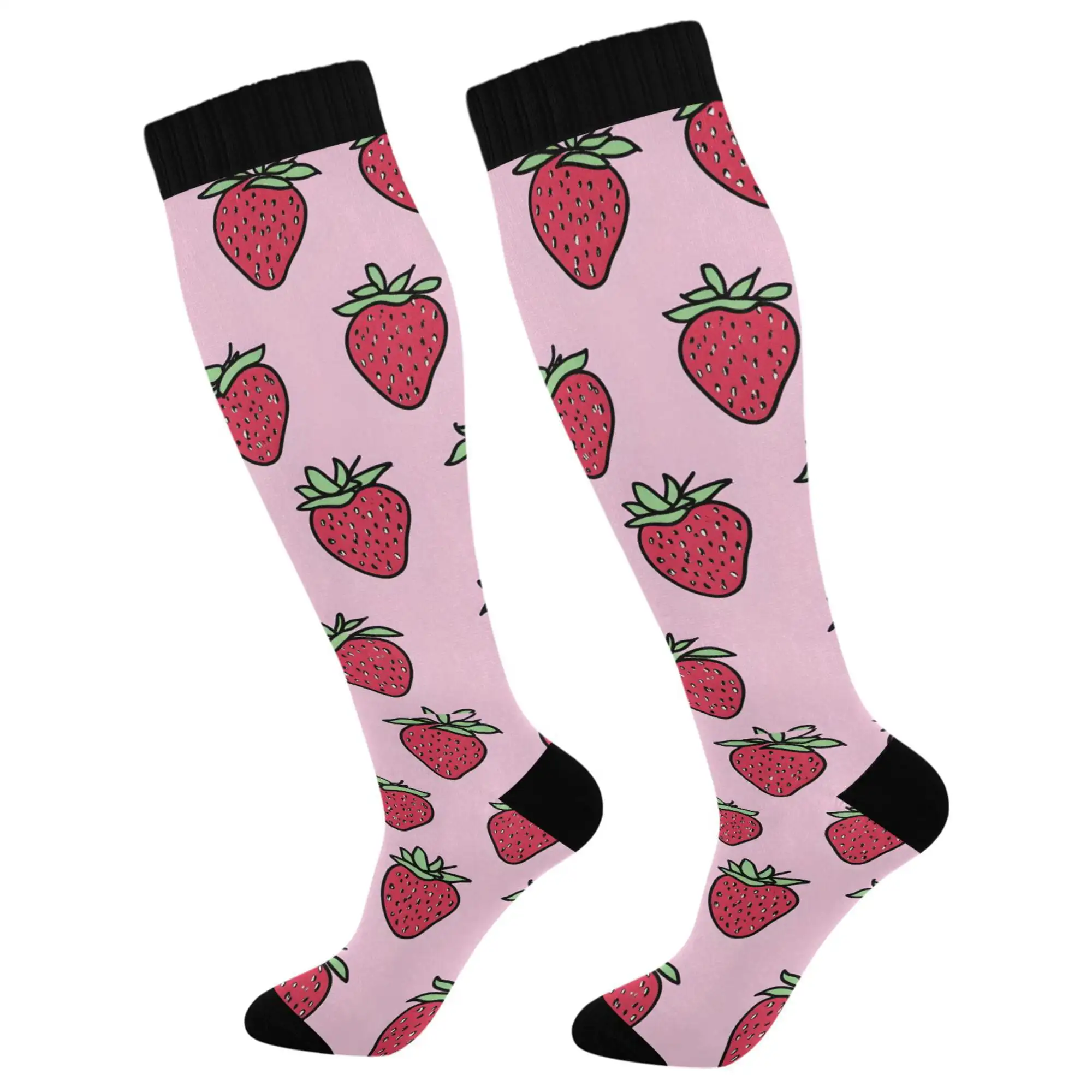 Womens Knee High Socks Casual Long Thick Travel Daily Wear, 1 Pair, Cartoon Strawberry