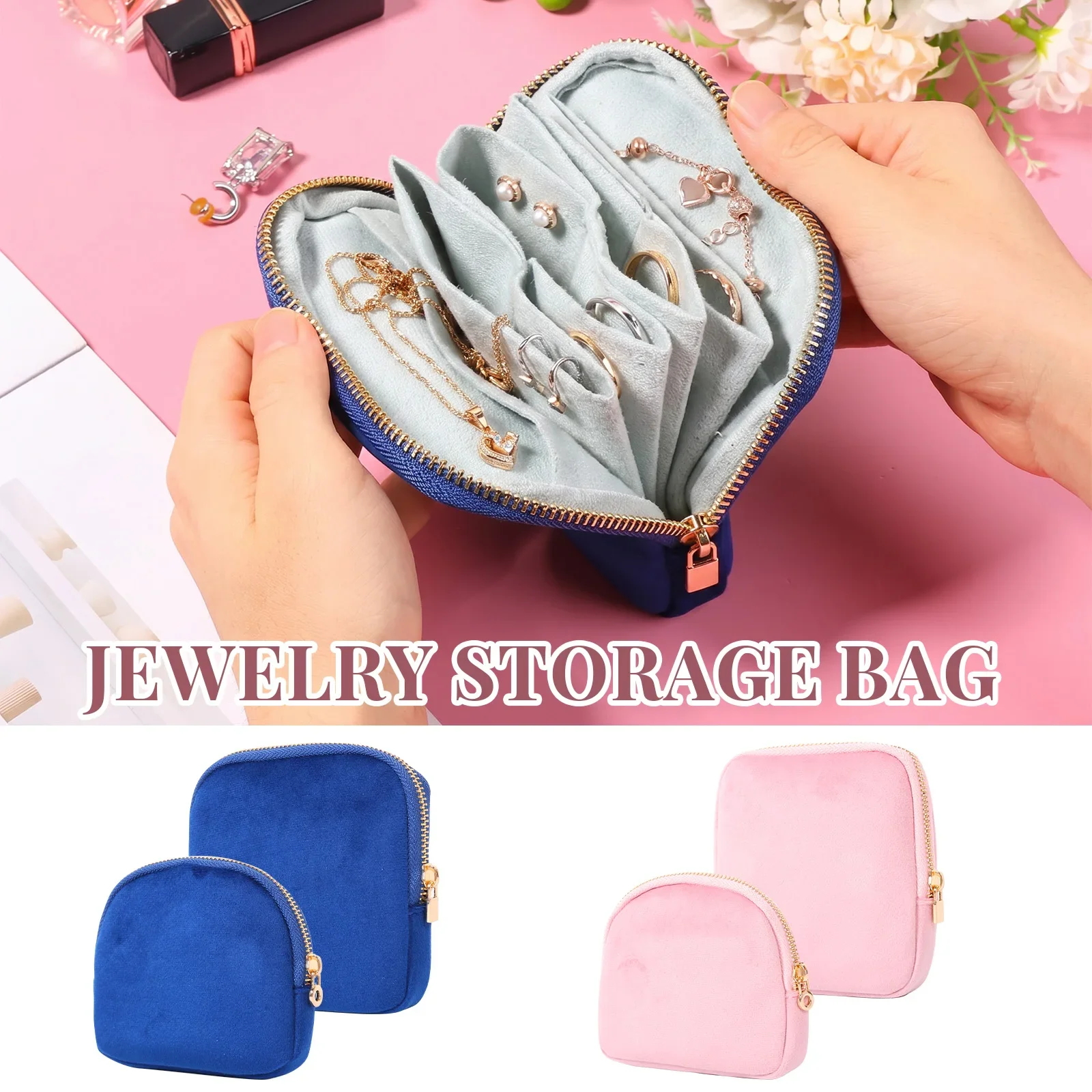 

Velvet Jewelry Storage Bag Portable Jewelry Travel Storage Case 2 in 1 Zippered Organizer Pouch for Ring Watch Earring Bracelet