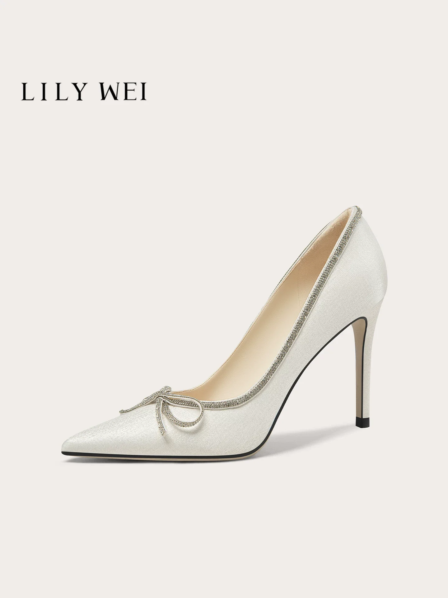 Spring pointed silk water diamond bow high heels wedding shoes banquet large size small size widened version women's shoes