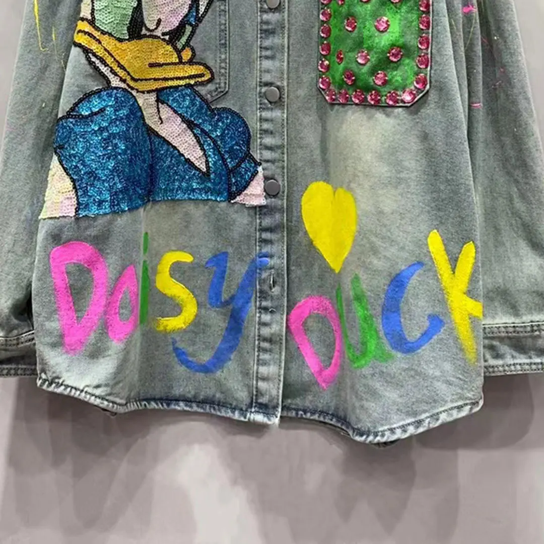 Blue Graffiti Cartoon Sequined Denim Jacket Female Loose Casual Top 2024 Spring and Autumn New Trendy Vintage Shirt Women