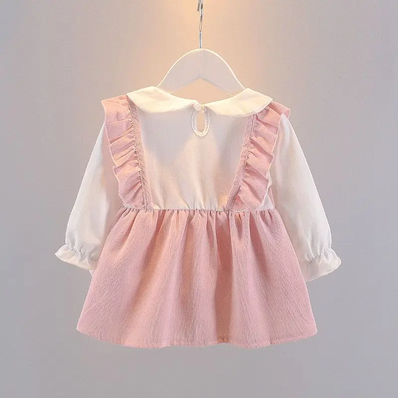 

Autumn Children Girls Fake Two Piece Dress 0-3Y Baby Girls Cherry Long Sleeve Dress Peter Pan Collar Newborn Girl Princess Dress