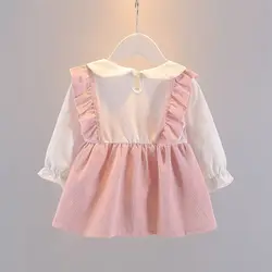 Autumn Children Girls Fake Two Piece Dress 0-3Y Baby Girls Cherry Long Sleeve Dress Peter Pan Collar Newborn Girl Princess Dress