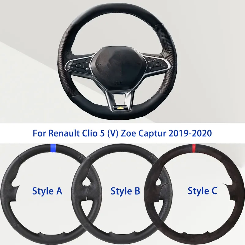 Funda de Volante de Coche de Cuero Sintético de Microfibra Negra OEM para Renault Clio 5 (V) Zoe Captur 2019-2020, Agarre Automotriz Suave