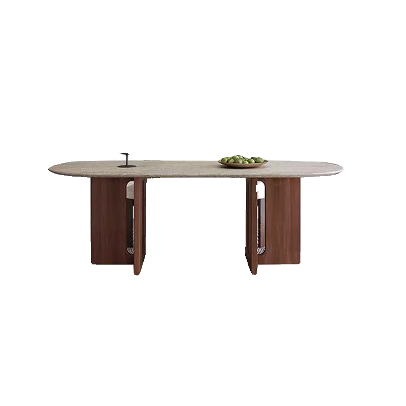 

Wabi Sansan natural travertine oval dining table and chairs small apartment household living room simple marble meeting table