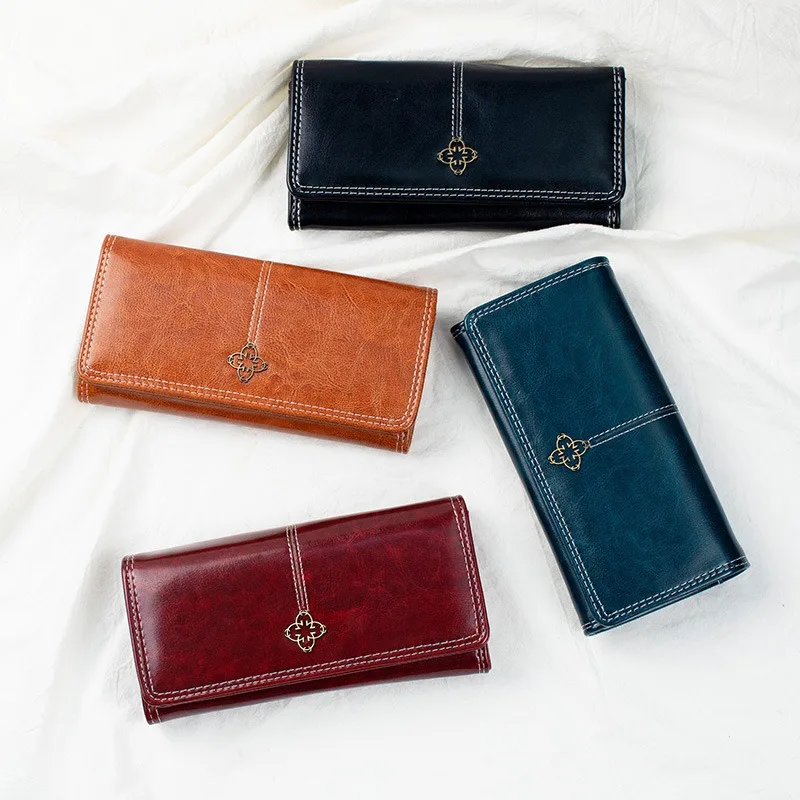 Leder-Textur Damen-Langbörse Grenzüberschreitend Europäisch-Amerikanischer Retro-Stil Ölwachs-Leder Damen-Multikarten-Geldbörse mit Fächern