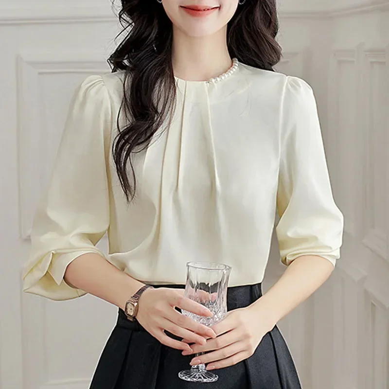 New O-Neck Women Blouse Long Sleeve Fashion Beading Chiffon Blouse Shirt Women Tops Blusa Blusas Camisas De Mujer Blouses M264