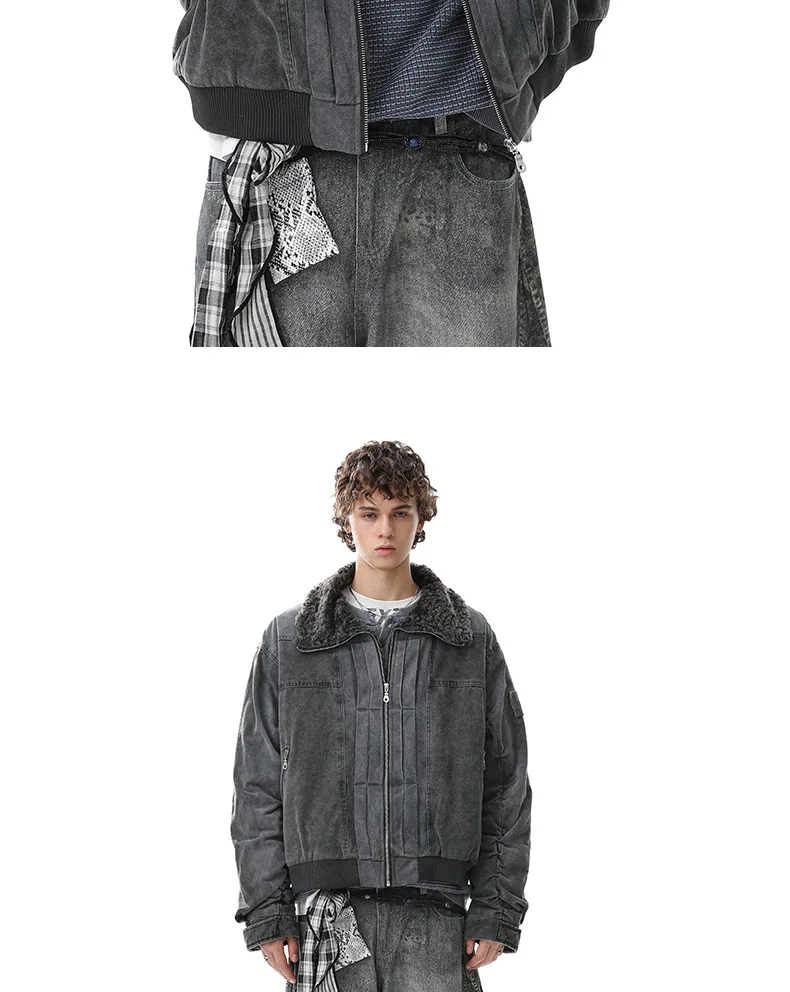 PFNW American Retro Washed Padded Jacket Men's Loose Long Sleeve Faux Fur Collar Zipper Winter Streetwear Coat Tide 12E1091